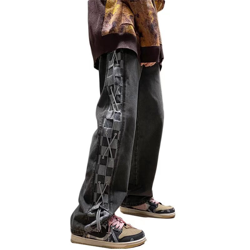 Men Jeans Checkerboard Plaid Jeans Men's Spring and Autumn Straight Loose Wide Leg Pants