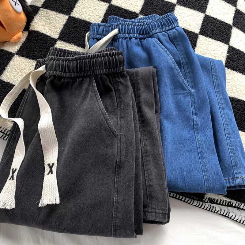 Men Jeans Straight Loose Summer Light Color Retro Casual Wide Leg Pants