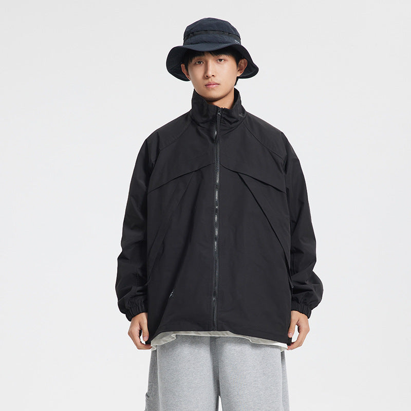 Unisex Jacket Spring Overalls Coat Loose Zip Large Pocket Stand Collar Jacket for Men
