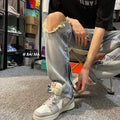 Men Jeans Retro Washed Make Old Ripped Jeans Zipper Trousers
