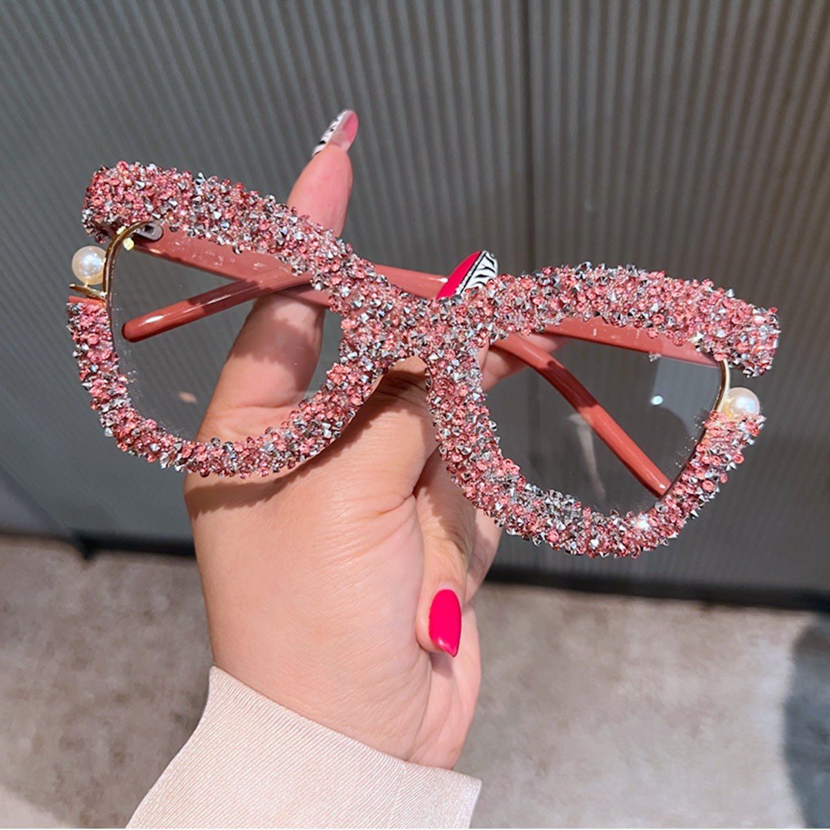 Trendy punk glasses pearl rhinestone tweed style
