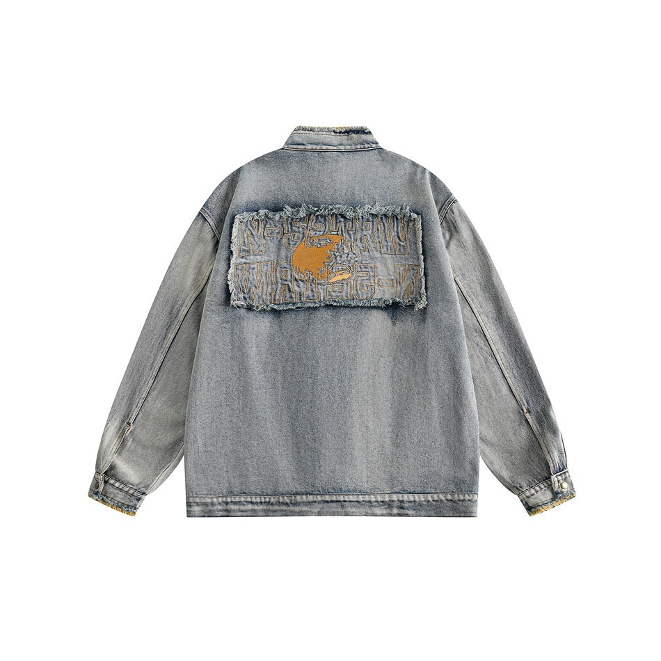 Unisex Jacket Embroidered Vintage Washed Denim Jacket Loose-Fitting Denim Clothes Jacket