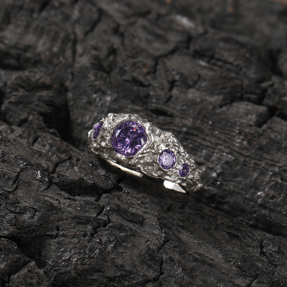 Rings Hip Hop Niche 925 Silver Ring Purple Zircon Spectrum