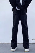 Men Jeans Washed Second-Hand Black Color Stitching Jeans Slim Straight Bootcut Trousers