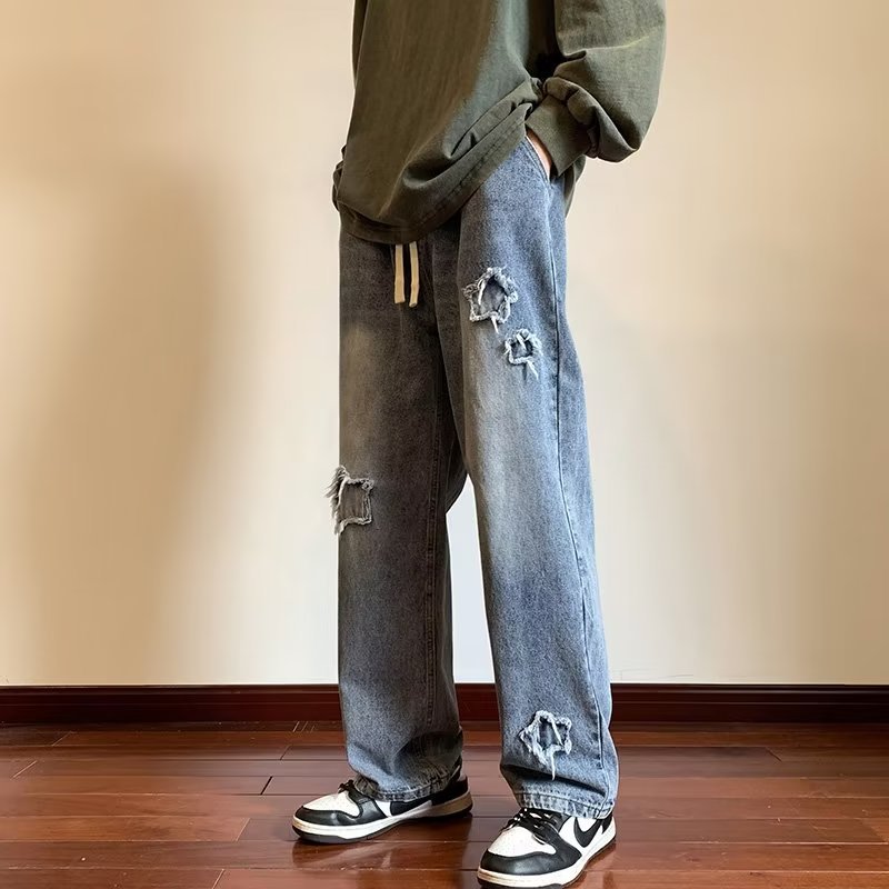 Men Jeans Vintage Patch Straight-Leg Pants Spring Baggy Pants