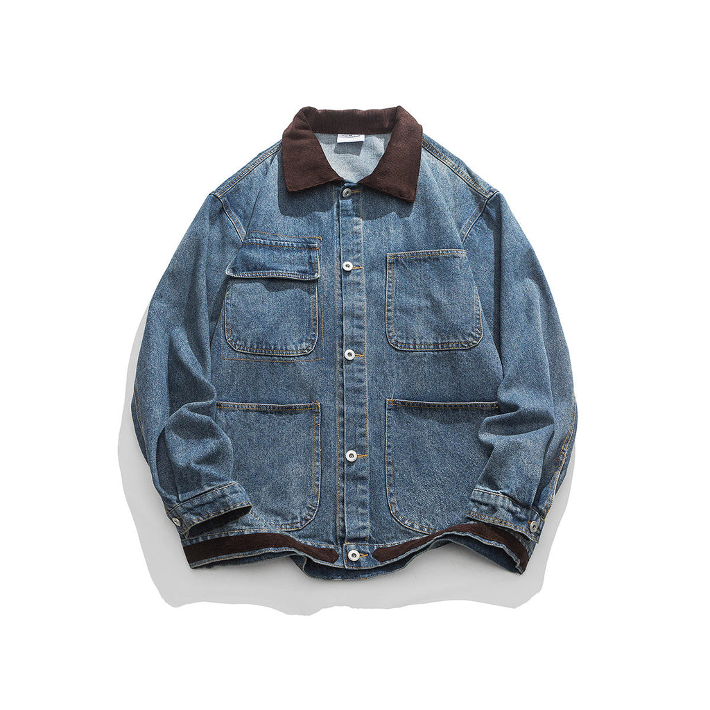 Unisex Jacket Vintage Amekaji Washed Denim Jacket Casual Loose Overalls