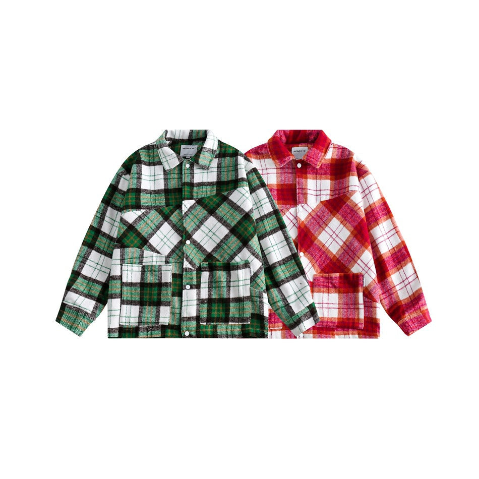Unisex Jacket Polo Collar Jacket Men and Women Loose Woolen Plaid Coat
