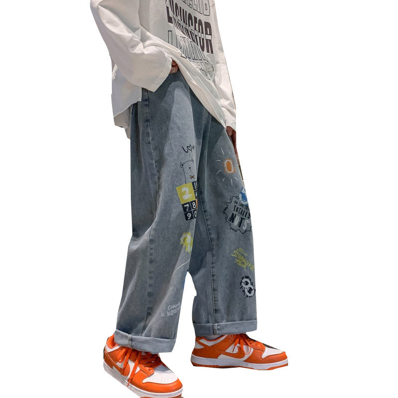 Men Jeans Spring and Autumn Loose-Fitting Wide-Leg Trousers Hip Hop Graffiti Pants
