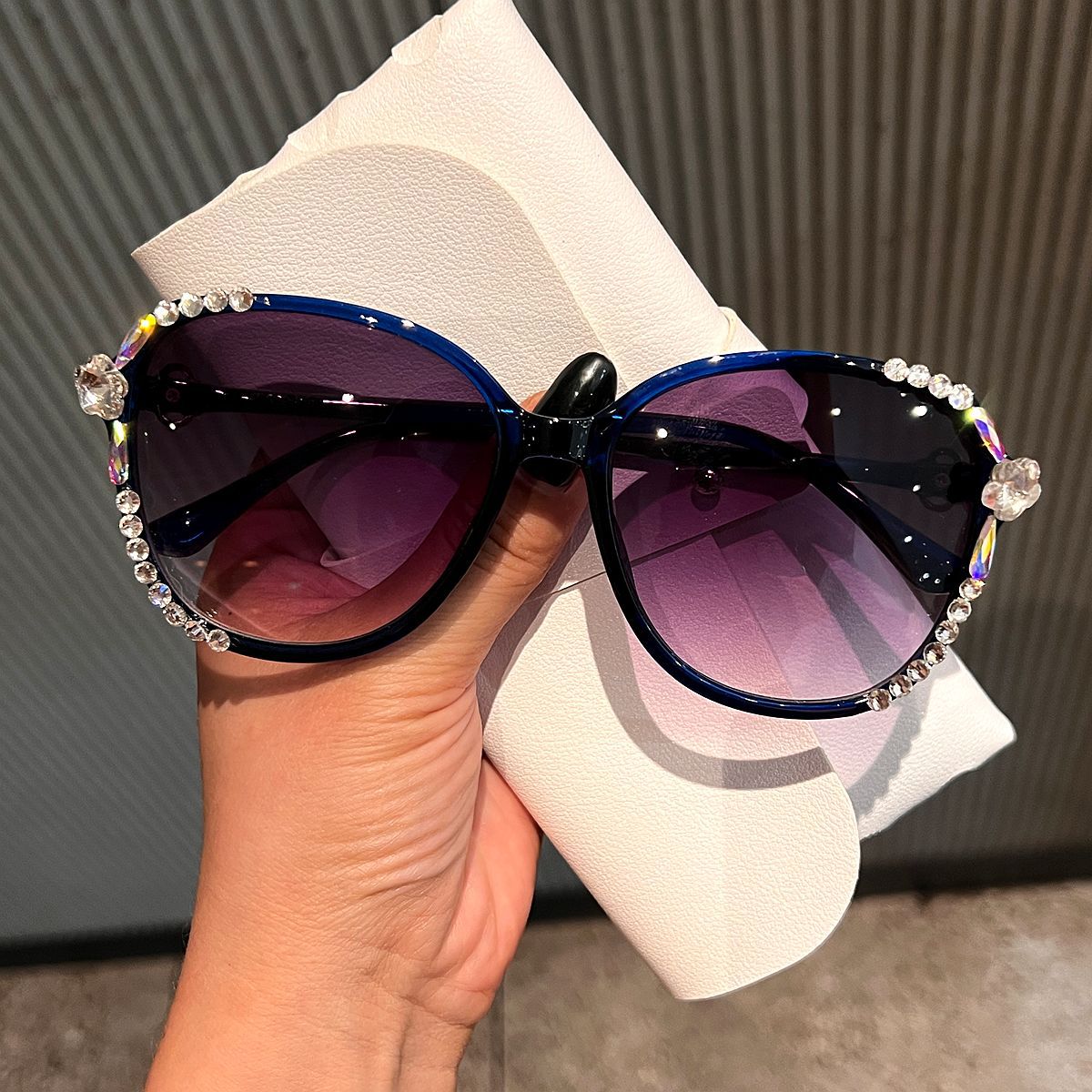 Trendy punk glasses large square frame with flowers and diamonds