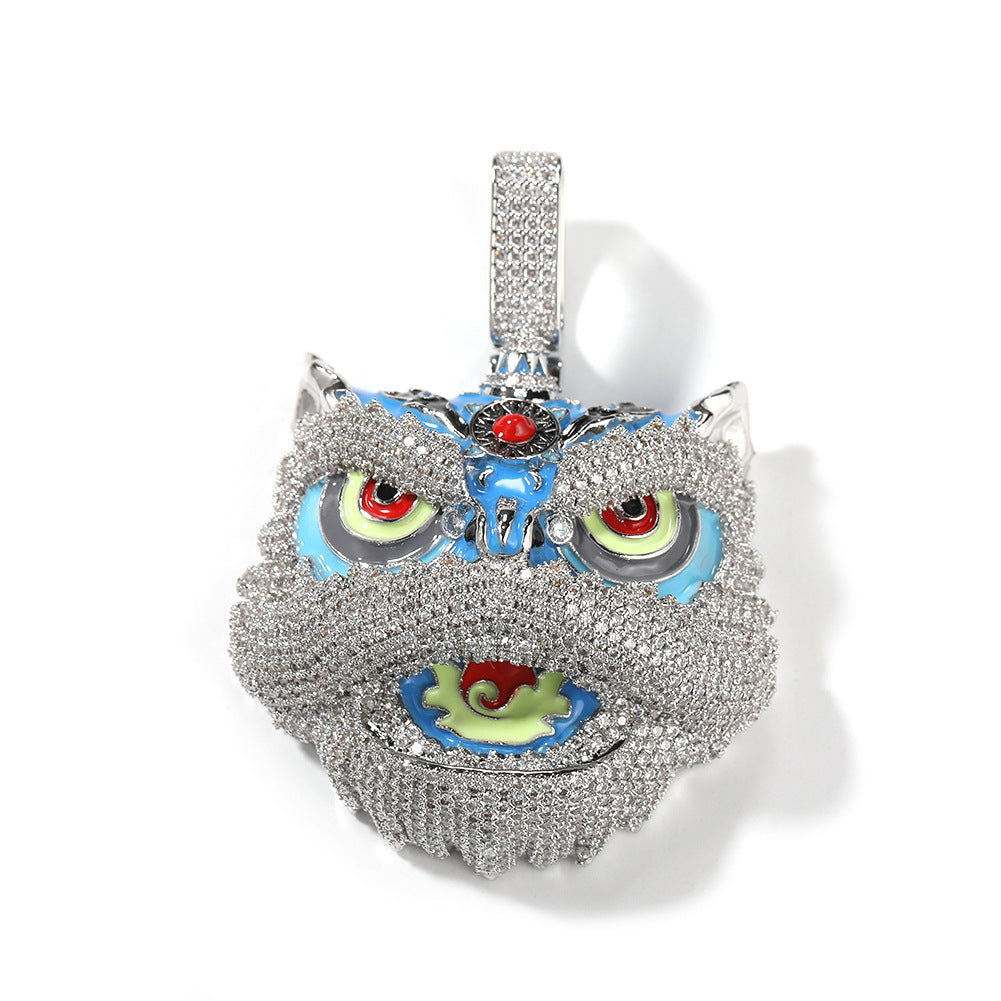 Jewelry Vintage Creative Lion Dance Hip Hop Copper Inlaid Zircon Colored Lion Head Necklace Far East Spectrum Animal St. Valentine's