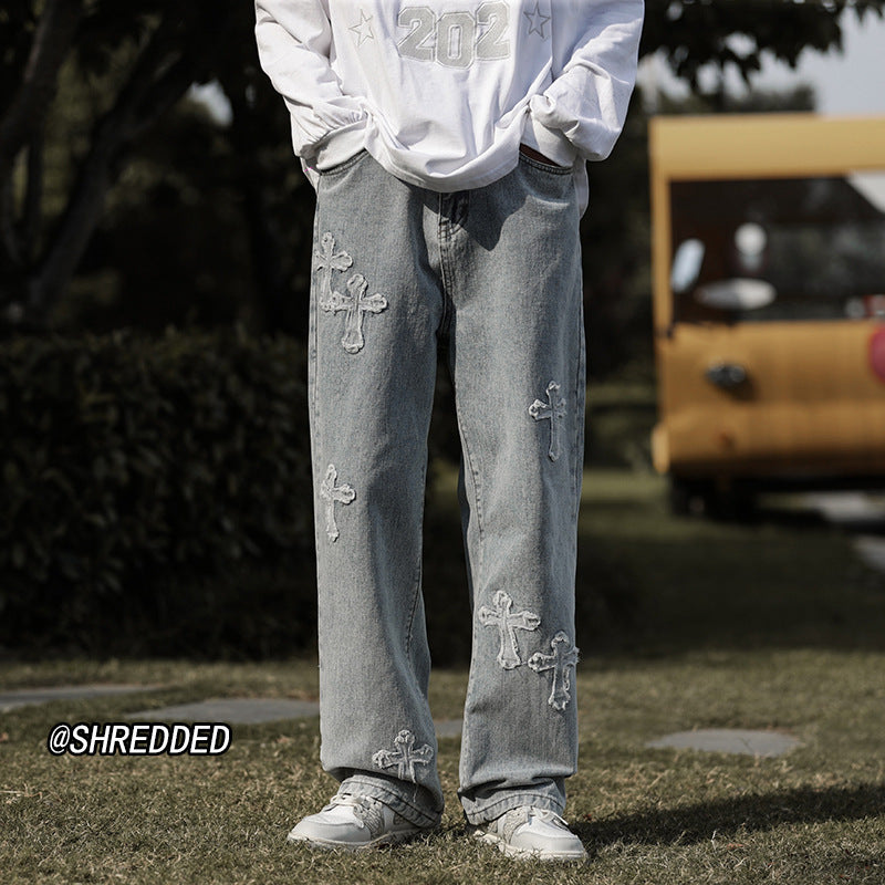 Men Jeans Cross Loose Straight Wide Leg Casual Trousers