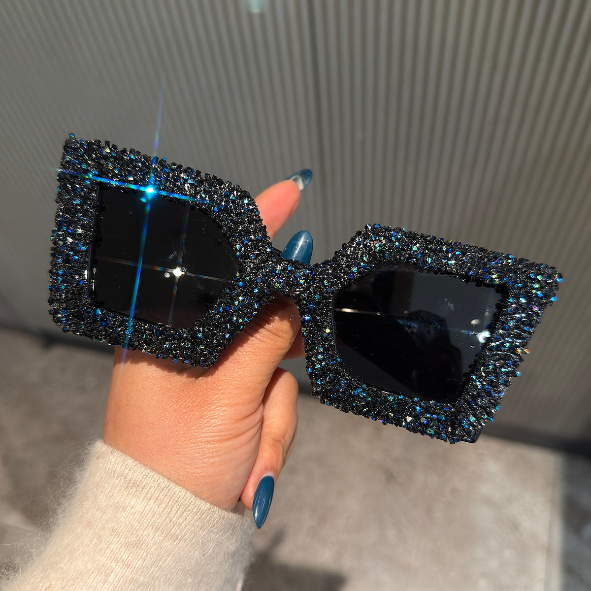 Trendy punk glasses full diamond wide legs