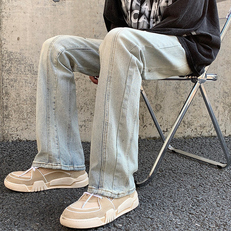 Men Jeans Fall/Winter Slim Stitching Pants Loose Straight Casual Trousers