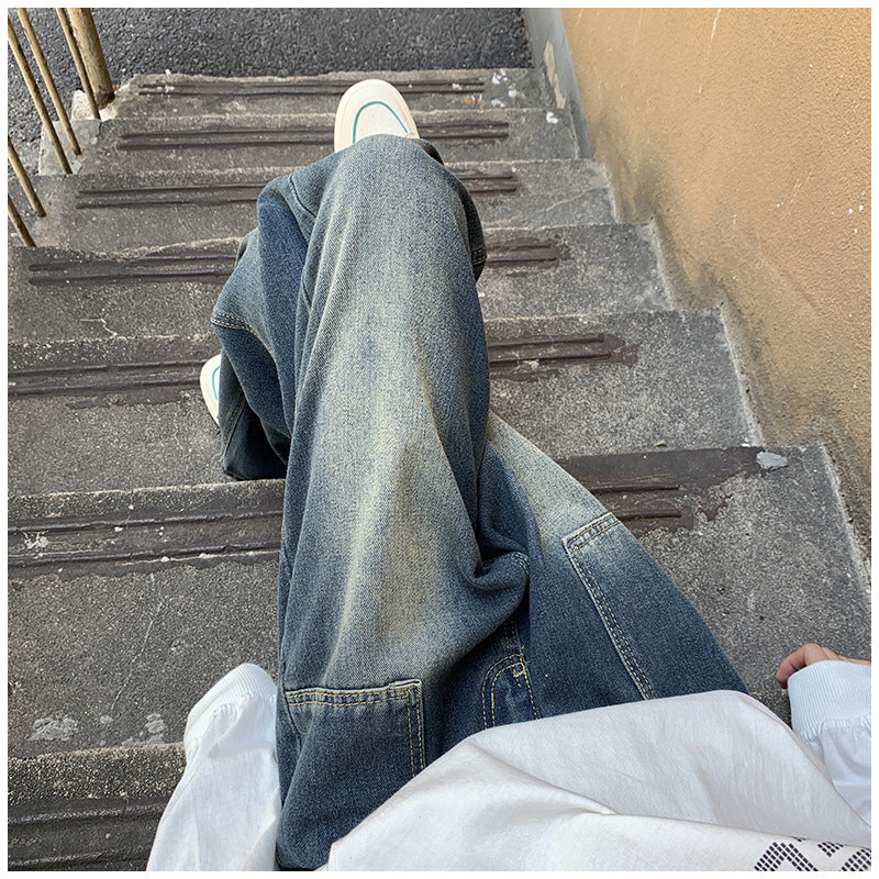 Men Jeans Retro Loose Straight-Leg Wide-Leg Pants