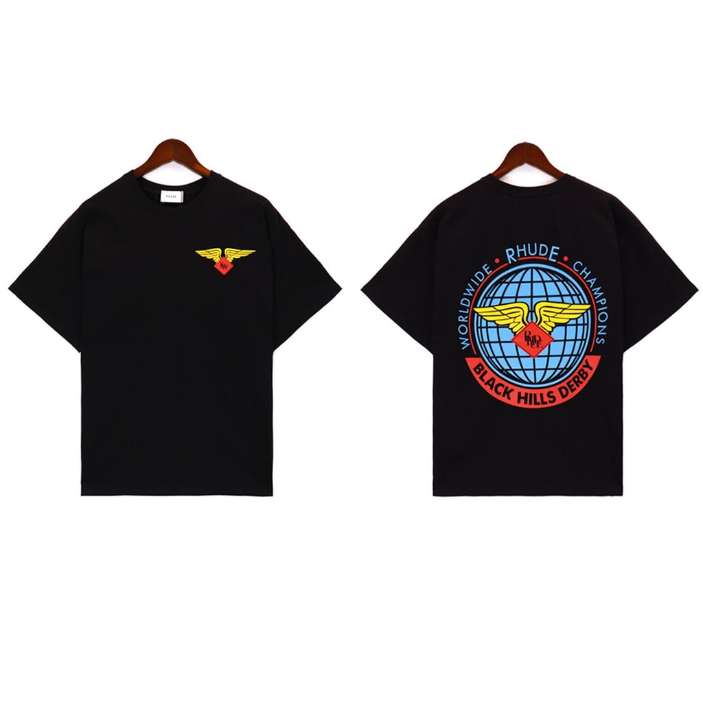Rhude T Shirt Label Wings Alphabet Earth Print Short Sleeve T-Shirt