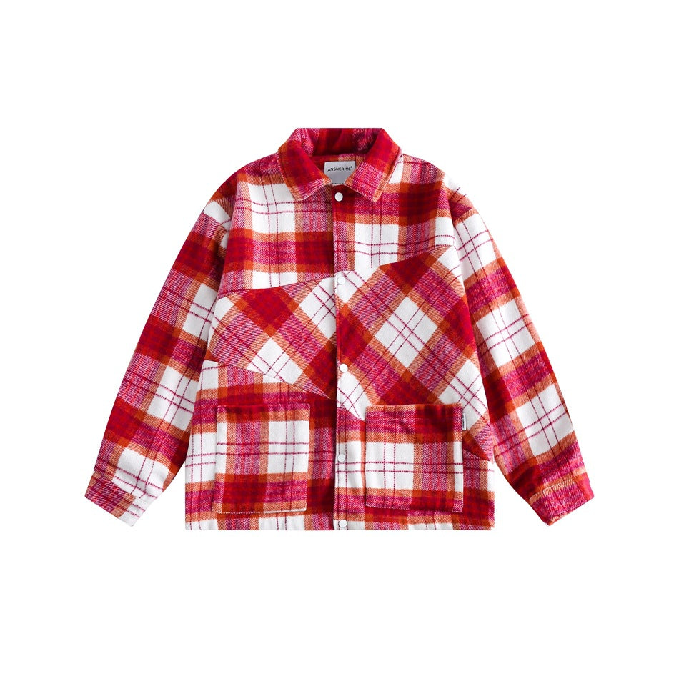 Unisex Jacket Polo Collar Jacket Men and Women Loose Woolen Plaid Coat