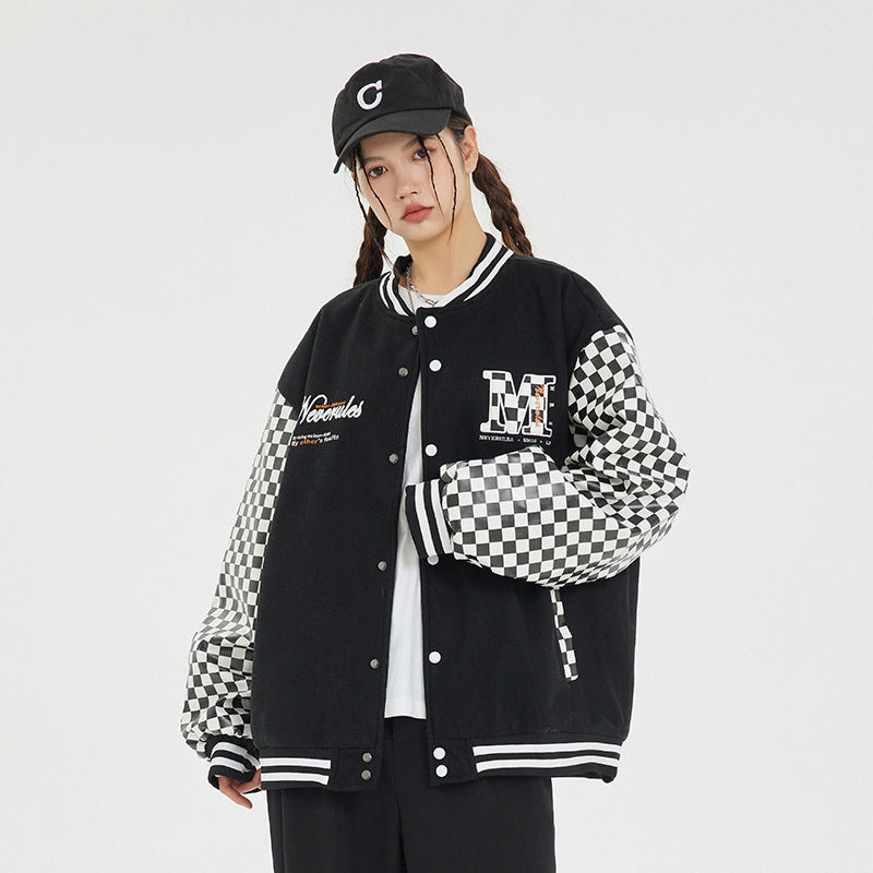 Unisex Jacket Checkerboard PU Leather Baseball Uniform Embroidered Baseball Jacket Jacket
