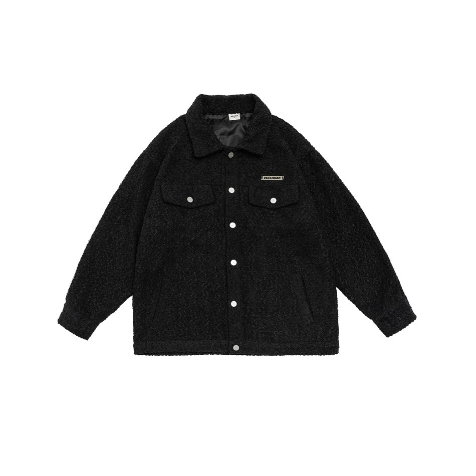 Unisex Jacket Autumn Winter Retro Polo Collar Jacket Loose Lamb Wool Couple Coat