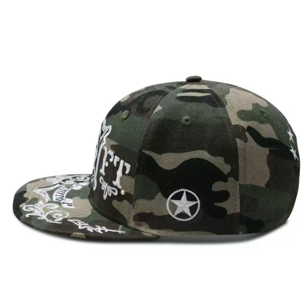 Trendy flat brimmed snapback hats embroider camouflage skull hip