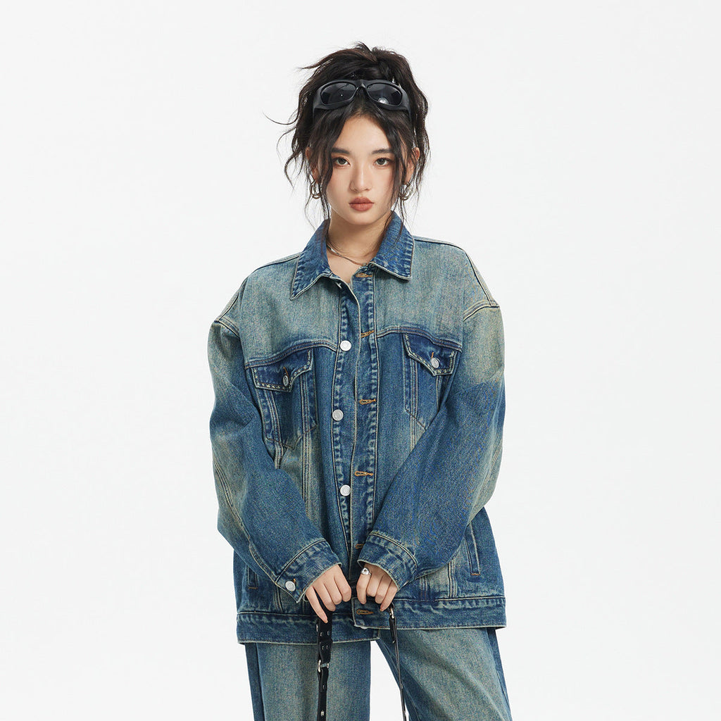 Unisex Jacket Vintage Worn Looking Washed-out Denim Jacket Loose Denim Jacket