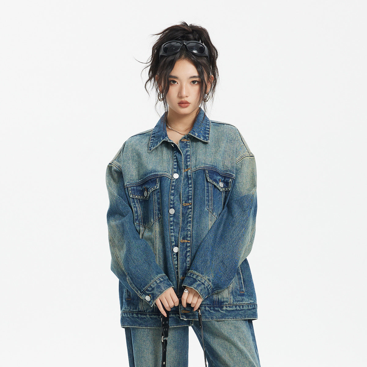 Unisex Jacket Vintage Worn Looking Washed-out Denim Jacket Loose Denim Jacket