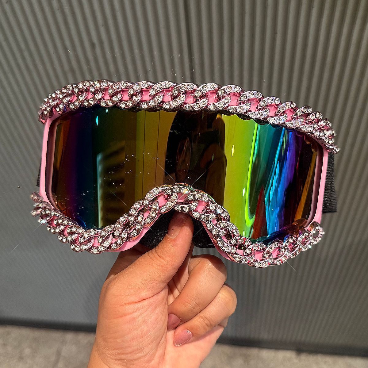 Trendy punk glasses diamond chain large frame