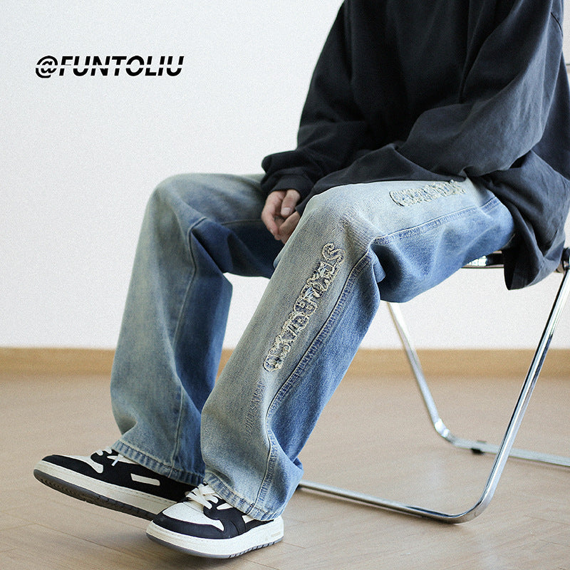 Men Jeans Hiphop Straight-Leg Trousers Retro Loose Wide Leg Pants