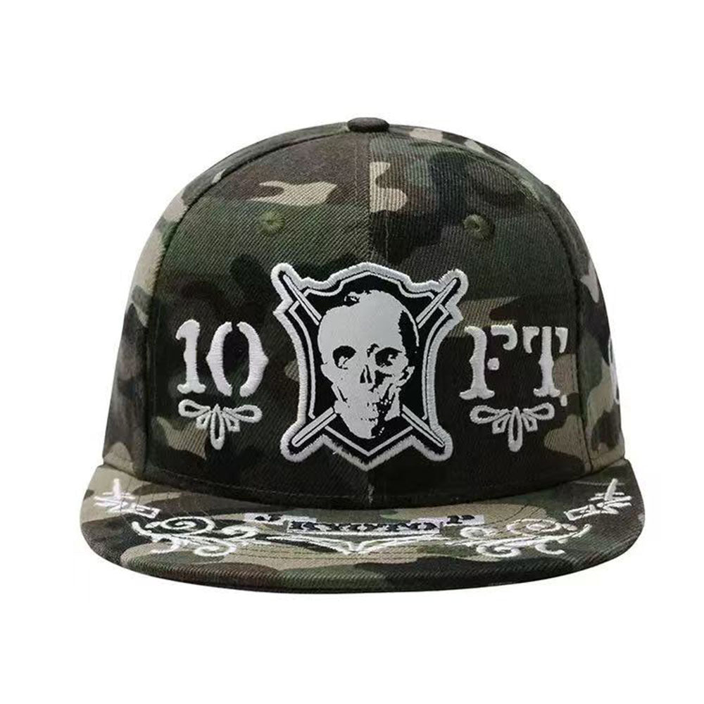 Trendy flat brimmed snapback hats embroider camouflage skull hip