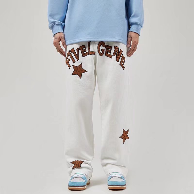Men Jeans Leopard Print Letter XINGX Embroidery Casual Working Pants Straight-Leg Trousers