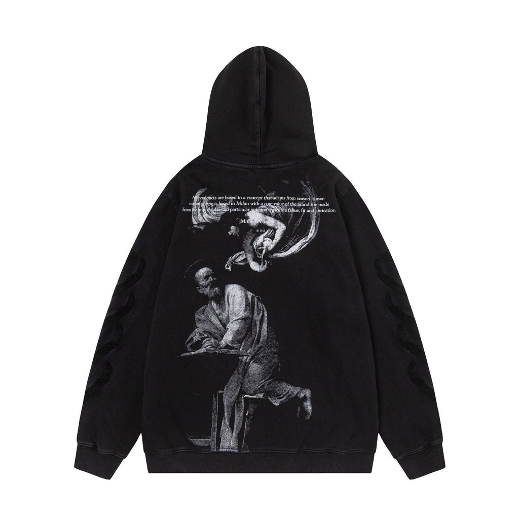 OW  hoodie Black and white portrait oil painting pattern hooded
