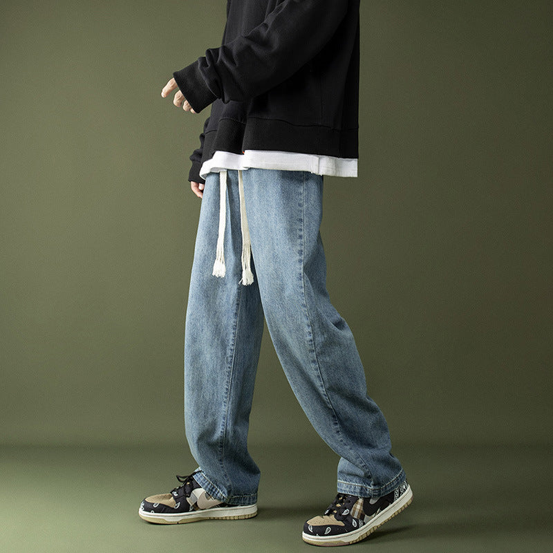 Men Jeans Spring and Autumn Straight Loose Drawstring Vintage
