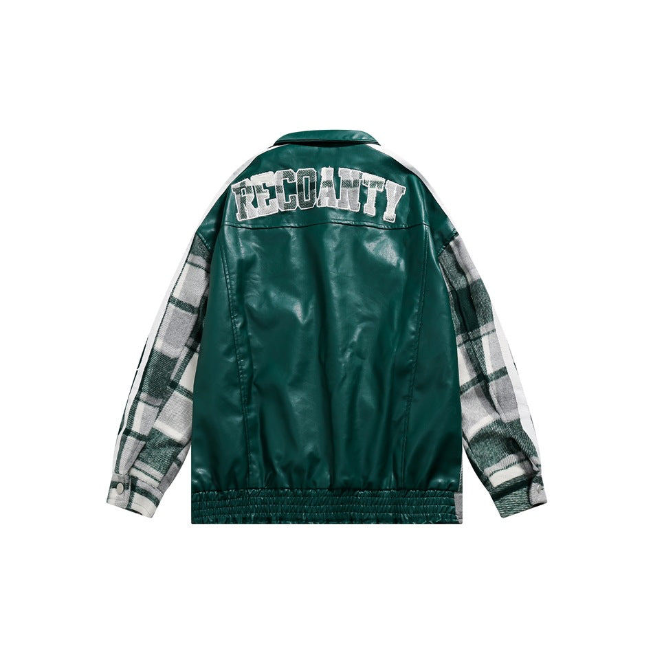 Unisex Jacket Vintage Plaid Stitching PU Leather Jacket