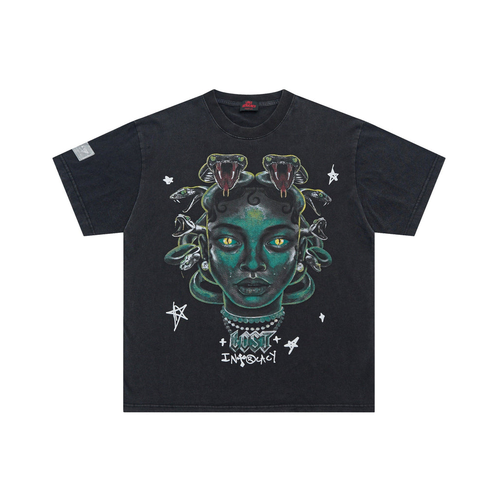 Lost Intricacy T-Shirt Medusa Snakehead Print Short Sleeve Wash