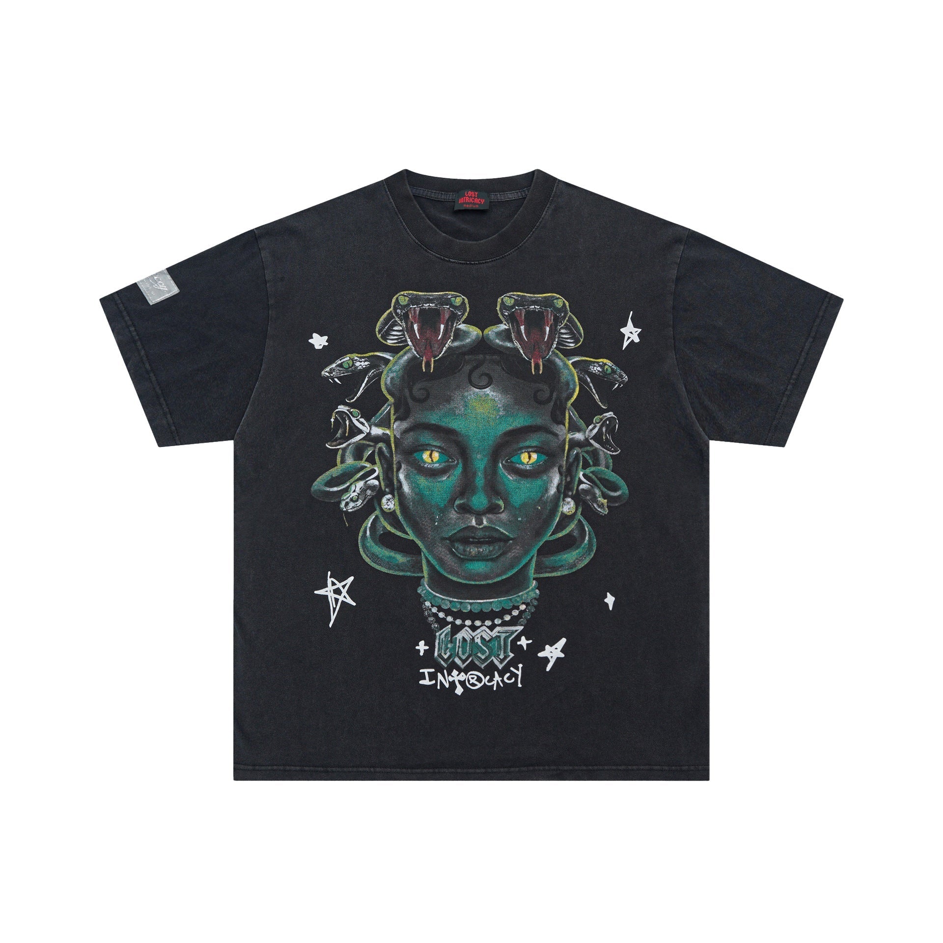 Lost Intricacy T-Shirt Medusa Snakehead Print Short Sleeve Wash