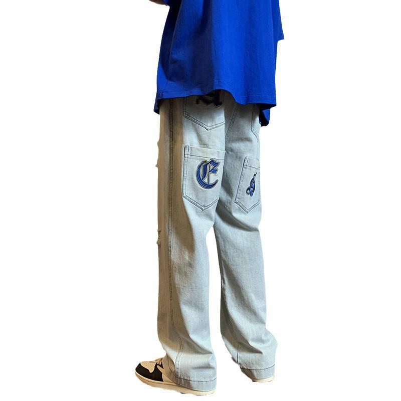 Men Jeans Vintage Embroidered Jeans Men's Autumn Loose Straight Cargo Pants