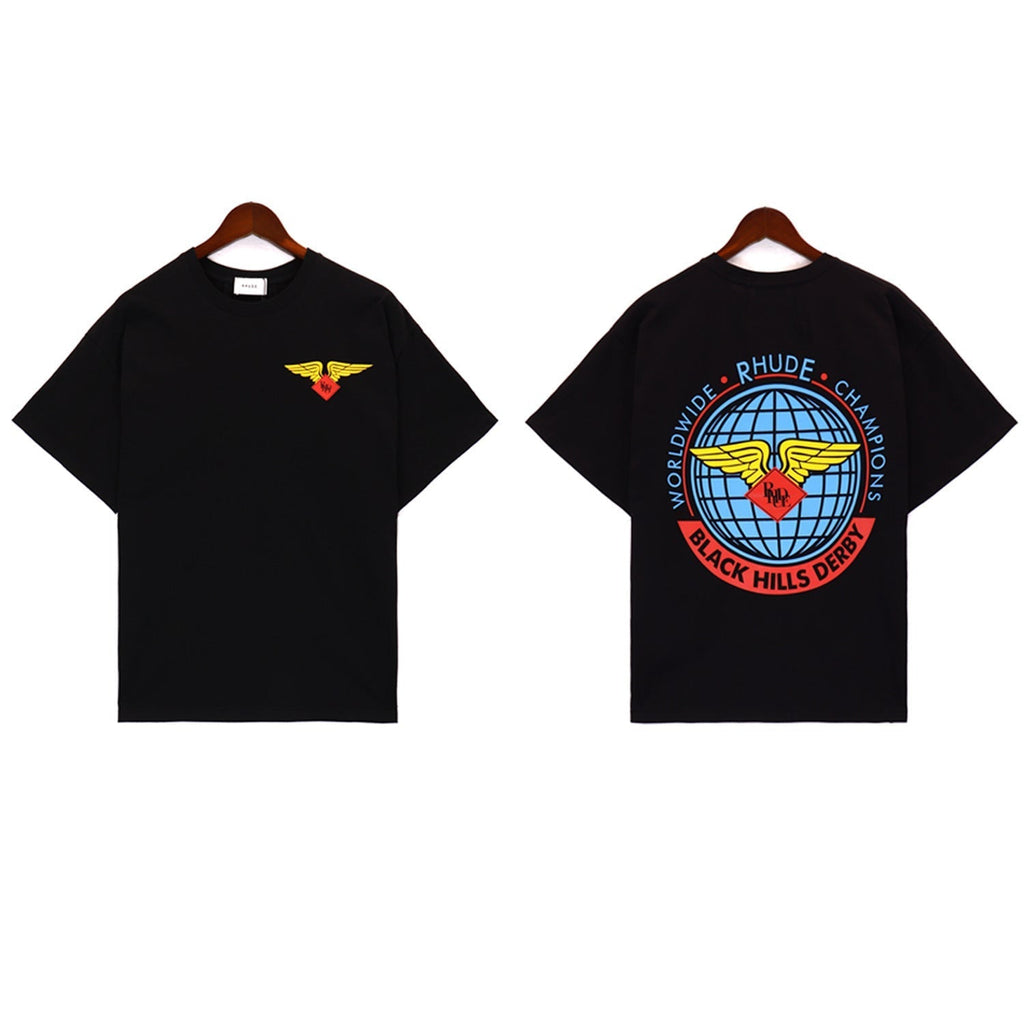 Rhude T Shirt Label Wings Alphabet Earth Print Short Sleeve T-Shirt