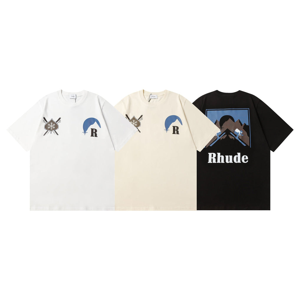 Rhude T Shir Sunset Snow Mountain Print Short Sleeve T-Shirt