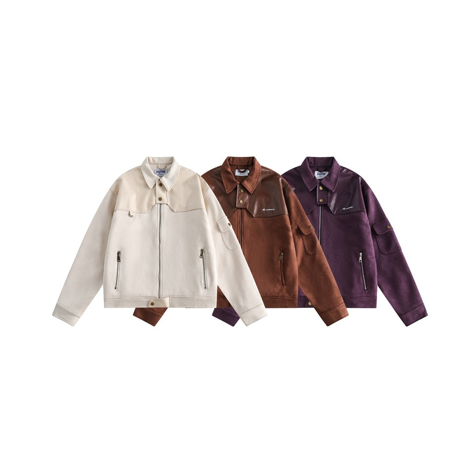 Unisex Jacket Vintage Suede Stitching Pu Turn-down Collar Coat Men and Women Loose Jacket