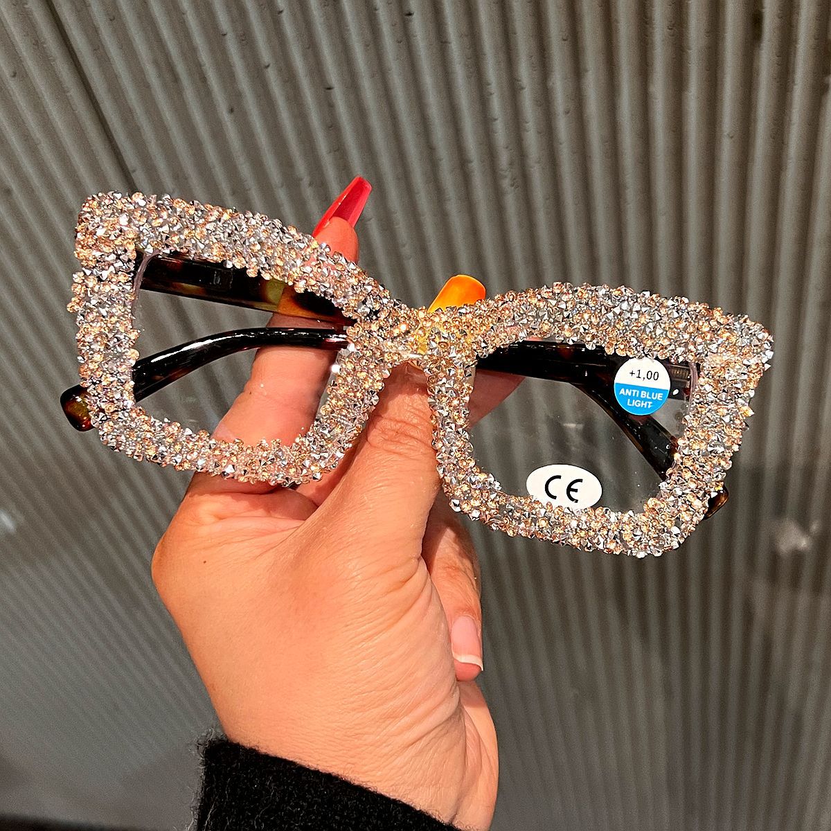 Trendy punk glasses full diamond anti-blue light