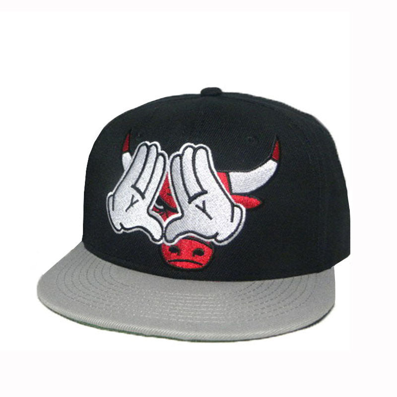 Trendy flat brimmed snapback hats hands bull bull