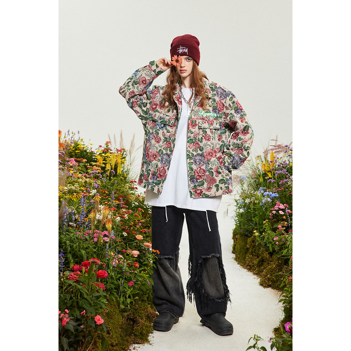 Unisex Jacket Fall Vintage Floral Embroidered Back Jacket Lapel Overalls