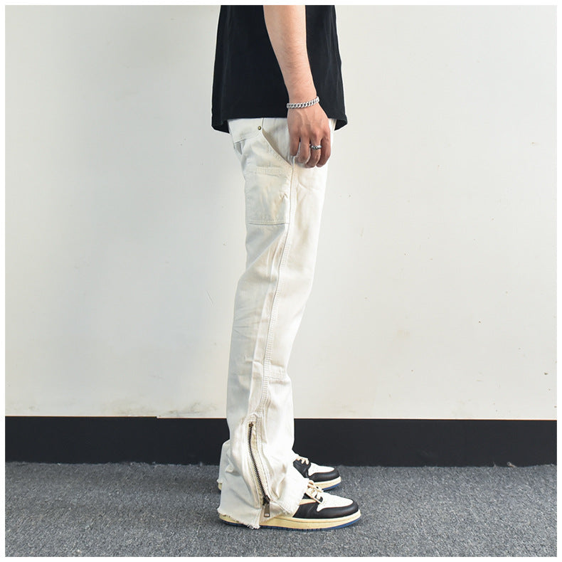 Men Jeans Zipper Slit Slightly Flared Casual Pants Loose Cargo Pants