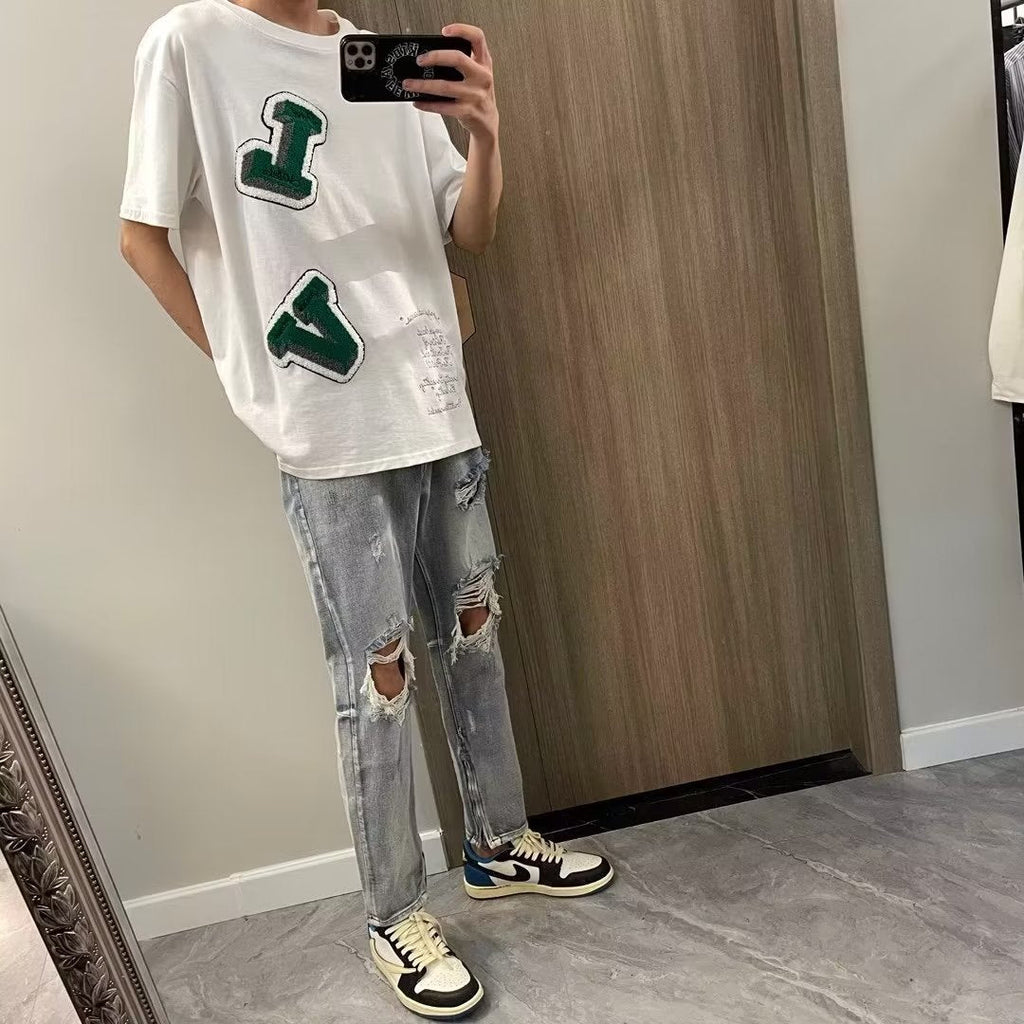Men Jeans Ripped Jeans Men's Summer Vintage Distressed Zipper Trousers