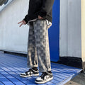 Men Jeans Chessboard Plaid Jeans Baggy Straight Trousers Wide Leg Pants