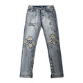Men Jeans Summer Water Washed Hole Jeans Patch Plaid Pants
