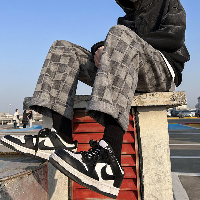 Men Jeans Chessboard Plaid Jeans Baggy Straight Trousers Wide Leg Pants