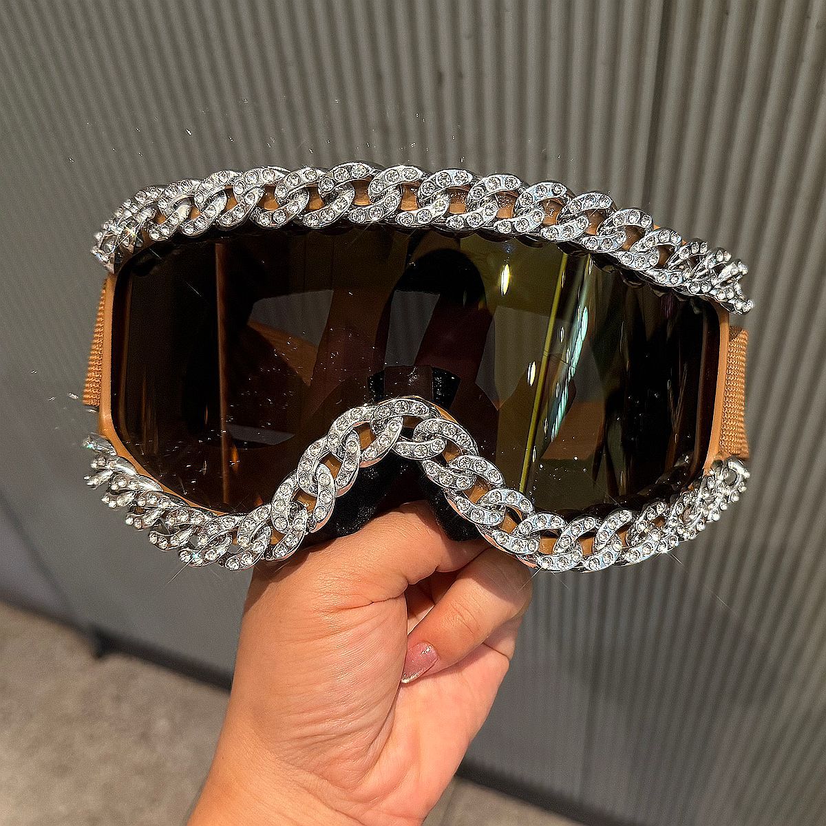 Trendy punk glasses diamond chain large frame