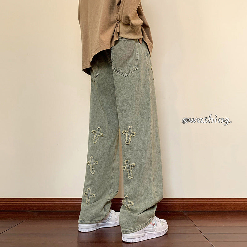 Men Jeans Embroidered Jeans Straight-Leg Pants