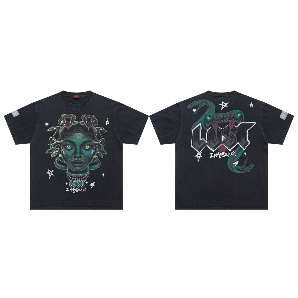 Lost Intricacy T-Shirt Medusa Snakehead Print Short Sleeve Wash