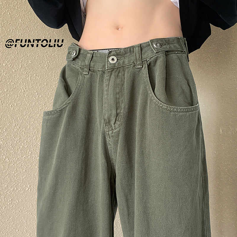 Men Jeans Green Washed Jeans Men's Autumn Width Straight-Leg Trousers